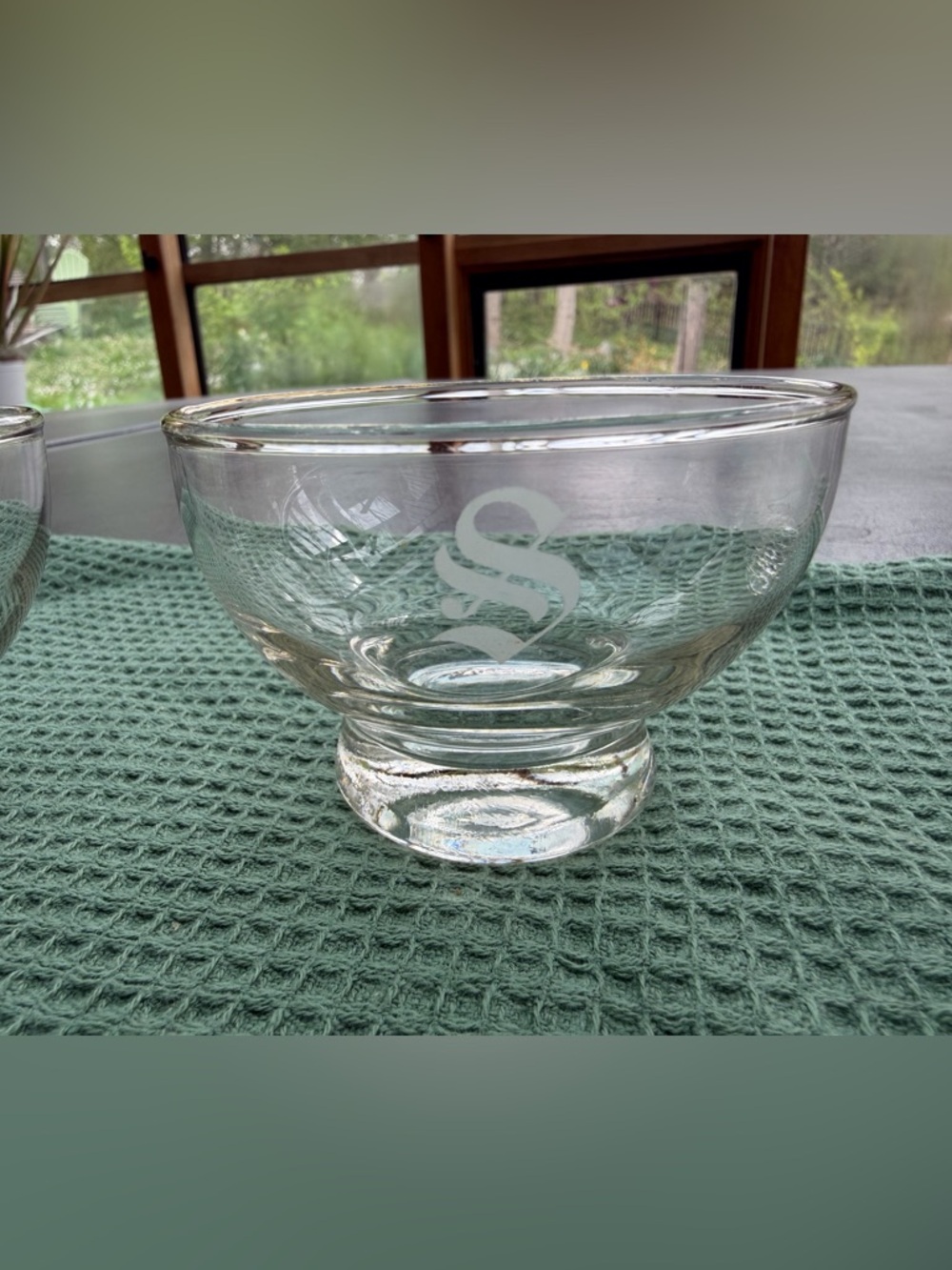 Set of 5 antique gold & clear glass crystal cups embossed with the letter S,